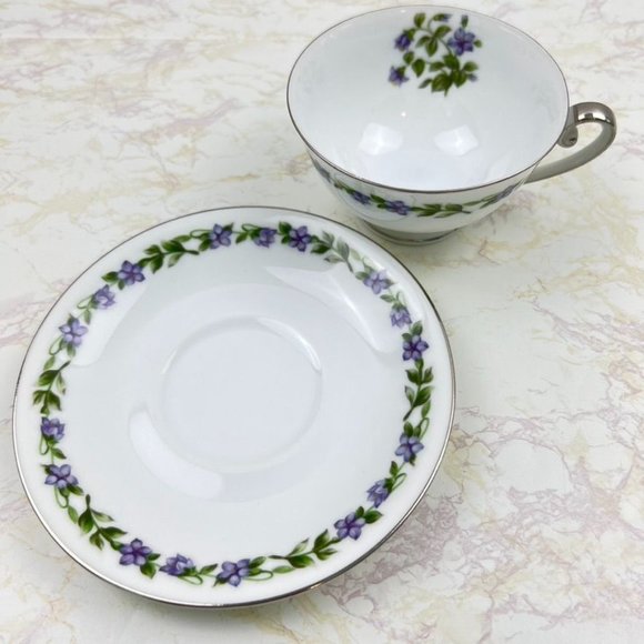 Vintage Jyoto Fine China Japan 3 Teacups & Saucers Glendale Violet - Picture 7 of 9